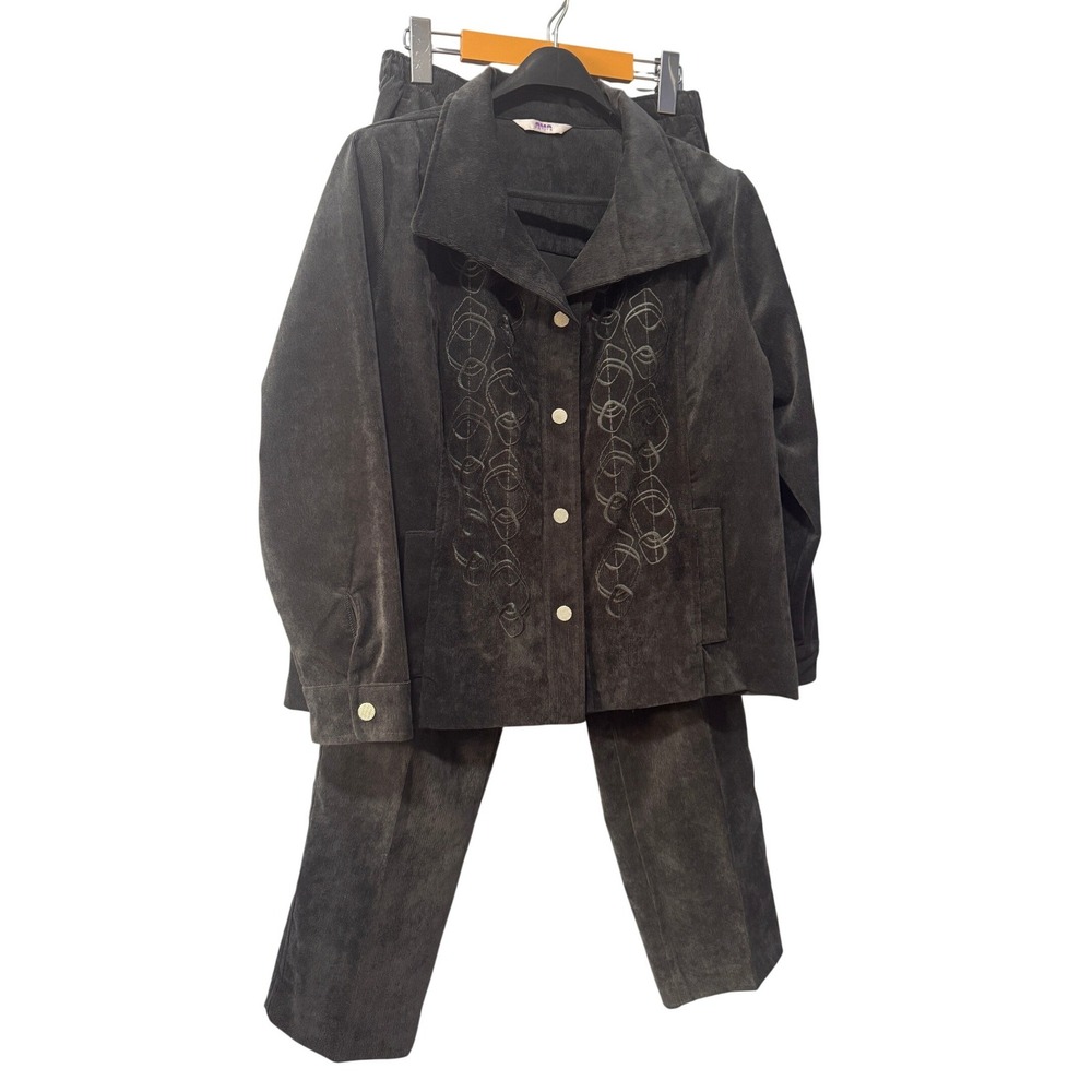 Alia Petite Womens 8P Charcoal Gray Corduroy Embroidered Jacket and Pants Set